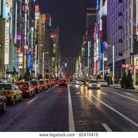 Rows Of Taxies Parked At Late Night In Ginza, Tokyo