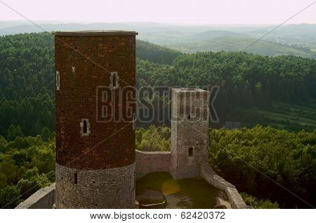 Ruined medieval castle with towers