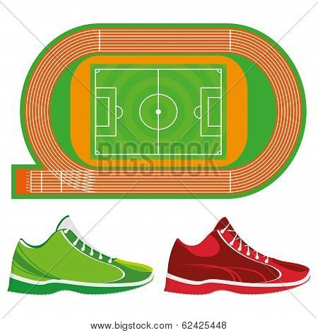 Vector Sports Ground Illustration And Sport Shoes Isolated On White Background