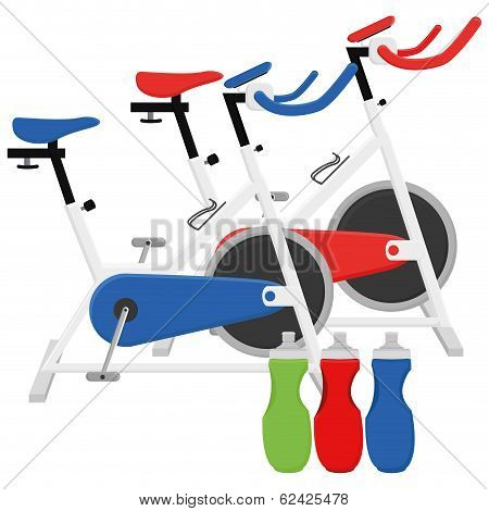 Vector Exercise Bikes And Bottles Illustrations Isolated On White Background
