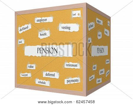 Pension 3D Cube Corkboard Word Concept