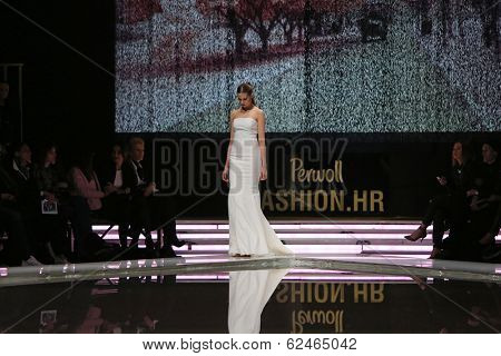 ZAGREB, CROATIA - MARCH 27: Fashion model wearing clothes designed by Mihano Momosa on the 'Fashion.hr' show on March 27, 2014 in Zagreb, Croatia