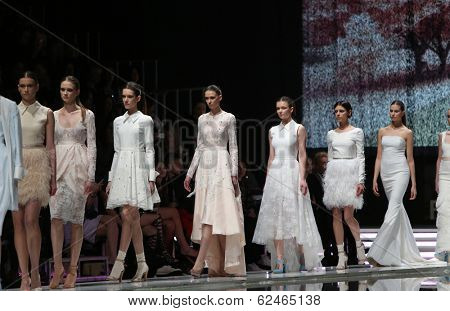 ZAGREB, CROATIA - MARCH 27: Fashion model wearing clothes designed by Mihano Momosa on the 'Fashion.hr' show on March 27, 2014 in Zagreb, Croatia