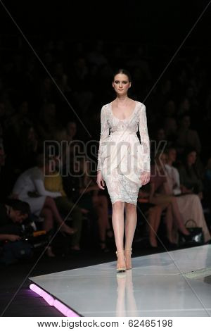 ZAGREB, CROATIA - MARCH 27: Fashion model wearing clothes designed by Mihano Momosa on the 'Fashion.hr' show on March 27, 2014 in Zagreb, Croatia
