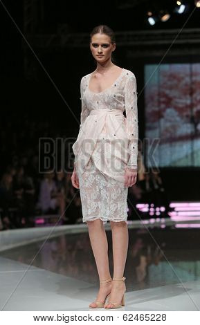 ZAGREB, CROATIA - MARCH 27: Fashion model wearing clothes designed by Mihano Momosa on the 'Fashion.hr' show on March 27, 2014 in Zagreb, Croatia