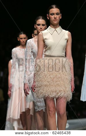 ZAGREB, CROATIA - MARCH 27: Fashion model wearing clothes designed by Mihano Momosa on the 'Fashion.hr' show on March 27, 2014 in Zagreb, Croatia