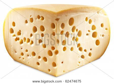 Quarter of Emmental cheese head isolated on a white background. Clipping paths.