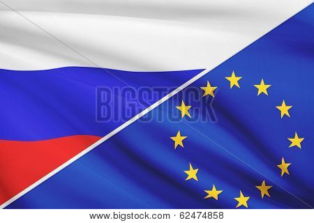 Series Of Ruffled Flags. Russia And European Union.