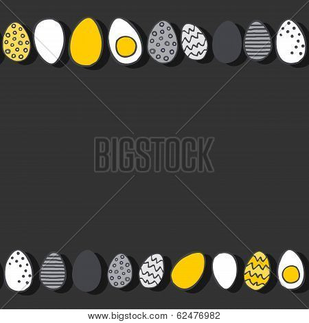 Hand painted eggs in rows yellow gray Easter border illustration on dark