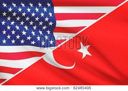 Series Of Ruffled Flags. Usa And Turkey.