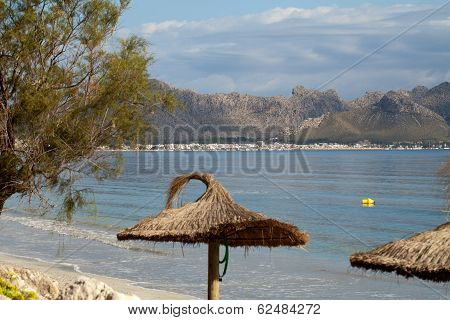 Cane beach umbrella in Pollenca Port. Majorca Spain