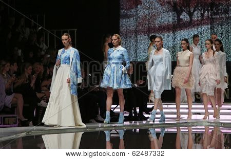 ZAGREB, CROATIA - MARCH 27: Fashion model wearing clothes designed by Mihano Momosa on the 'Fashion.hr' show on March 27, 2014 in Zagreb, Croatia