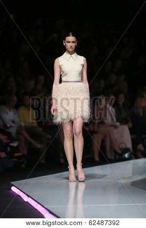 ZAGREB, CROATIA - MARCH 27: Fashion model wearing clothes designed by Mihano Momosa on the 'Fashion.hr' show on March 27, 2014 in Zagreb, Croatia
