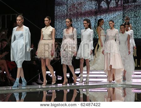 ZAGREB, CROATIA - MARCH 27: Fashion model wearing clothes designed by Mihano Momosa on the 'Fashion.hr' show on March 27, 2014 in Zagreb, Croatia