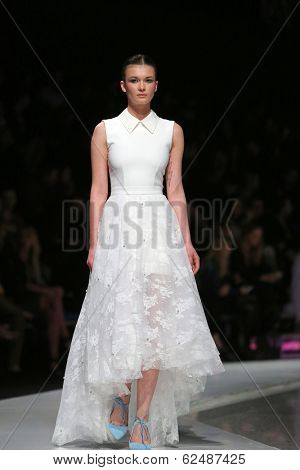 ZAGREB, CROATIA - MARCH 27: Fashion model wearing clothes designed by Mihano Momosa on the 'Fashion.hr' show on March 27, 2014 in Zagreb, Croatia