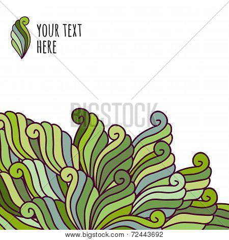 Hand-drawn Waves Pattern, Abstract Green Leaves. Floral Vector Background