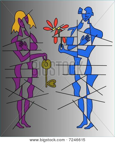 amantes con flor y llave