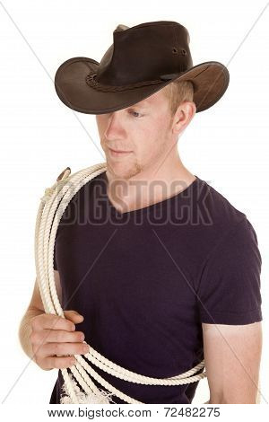 Man In Purple Shirt Hat Rope Look Side