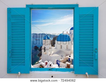 window with view of caldera  and church, Santorini