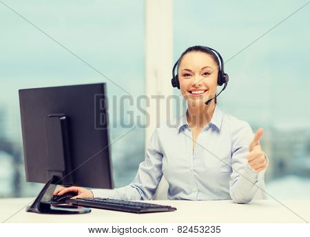 business, communication and call center concept - friendly female helpline operator with headphones showing thumbs up