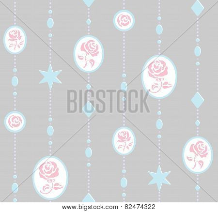Seamless sweet rose pendants pattern blue, grey, pink and white