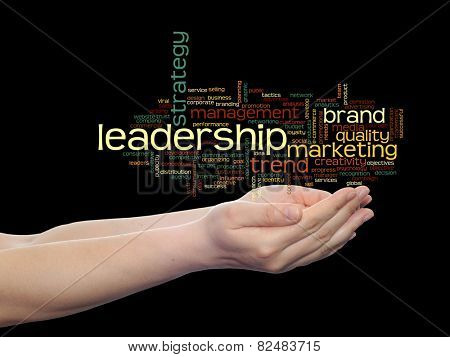 Concept or conceptual abstract word cloud or wordcloud in man or woman hand on black kground, metaphor to  business, trend, media, focus, market, value, product, advertising, customer or  corporate