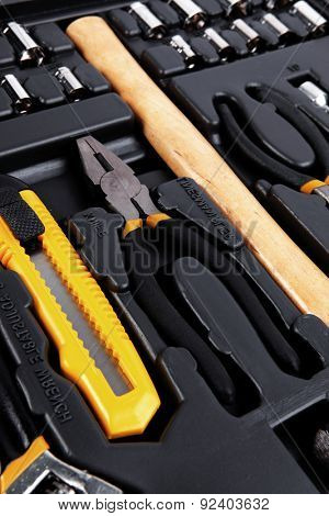 toolbox set of tools include hammer wrench bit driver pliers hex key bush level hex key