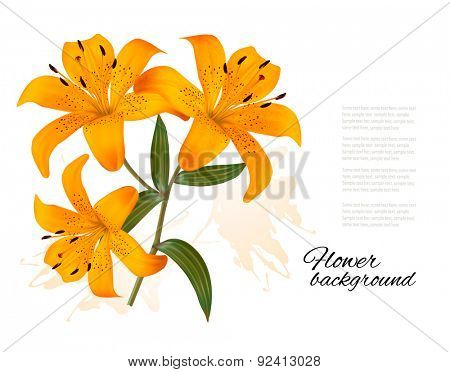 Flower Background With Three Beautiful Lilies. Vector.