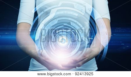 Close up of woman and virtual blue interfase