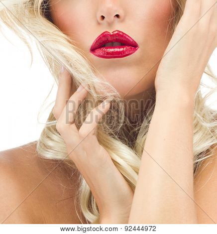 portrait of attractive  caucasian  woman blond isolated on white studio shot red lips  face long hair head and shoulders looking at camera