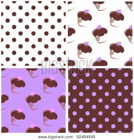 Tile vector background set with polka dots and chocolate cupcakes