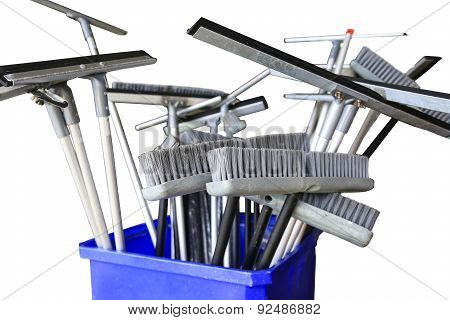 Collection of cleaning products and tools on white background, Broom for cleaning and Floor squeegee
