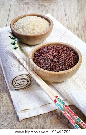 Brown And White Raw Rice, Chopsticks