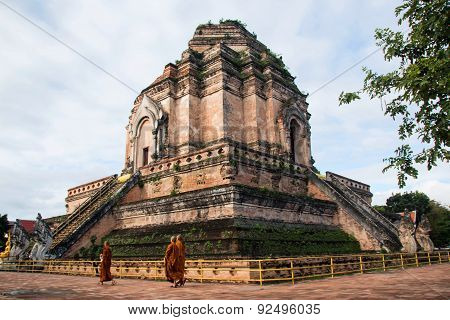 Ancient Pagoda build from brick at Wat Chedi Luang in Chiang Mai Thailand