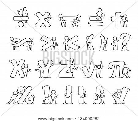 Cartoon icons set of sketch working little people with mathematical symbols. Doodle cute miniature scenes of workers with algebra signs. Hand drawn vector illustration for school design and infographic.