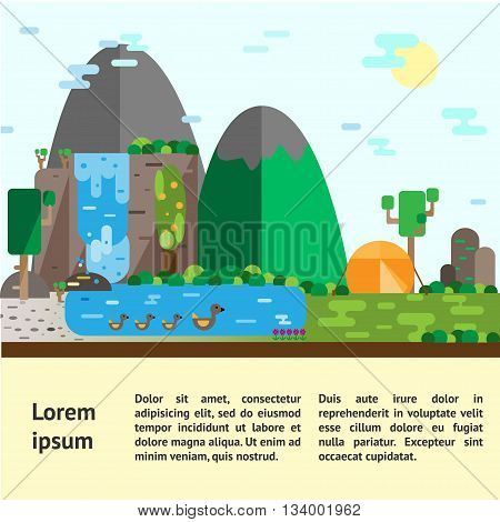 Eco-tourism. Hills landscape and camping Eco flat vector illustrations. Can be used for flyers postcards banners etc.