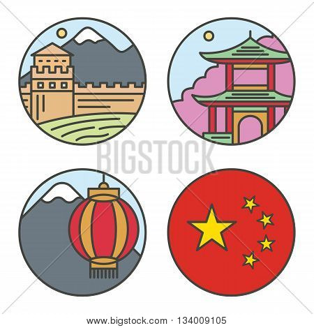 Country China travel vacation places in thin lines style design. Set architecture, nature background concept vector flat design illustration round isolated icons