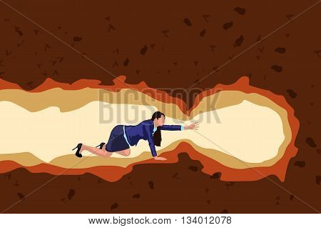 illustration of businesswoman crawl in cave color