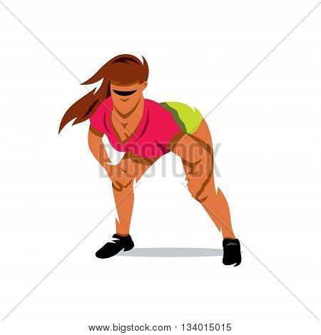 Woman in red blouse and green shorts dancing half-sitting twerk. Isolated on a white background