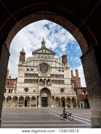 CREMONA ITALY - APRIL 26 2016: Cremona Cathedral consecrated in 1196 was built in Romanesque style and later extended with Gothic Renaissance and Baroque elements.