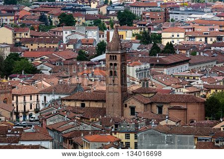 CREMONA ITALY - APRIL 26 2016: 12th century bell tower of the Church of Sant'Agata one of the oldest churches in the city of Cremona Italy.