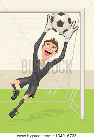 Football goalkeeper catches ball. Penalty kick in soccer. Vector cartoon illustration