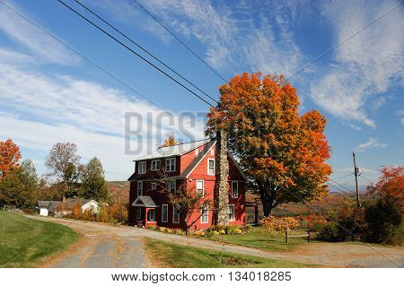autumn village house in New England town with bright color in sunny day