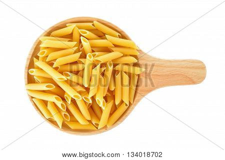 Pene Lisce pasta in wooden plate on white background