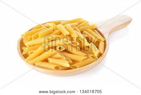 Pene Lisce pasta in wooden plate on white background