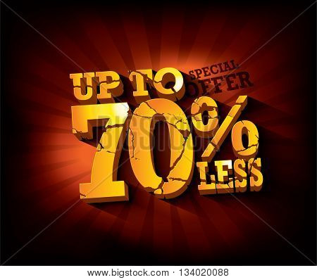 Sale typographic design with gold broken text against deep red rays backdrop. sale layout design. Vector illustration