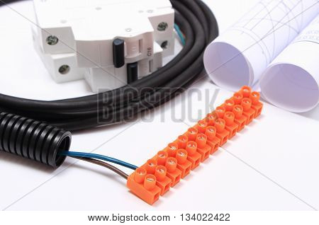 Electrical cable with connection block electric fuse and rolls of electrical diagrams components for installations accessories for engineering work