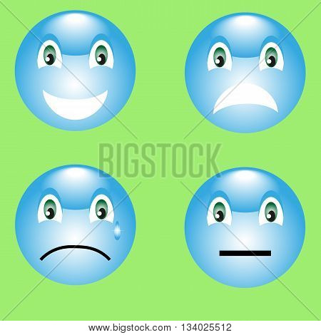 4 smiley: smile, anger, resentment, thinking on a green background
