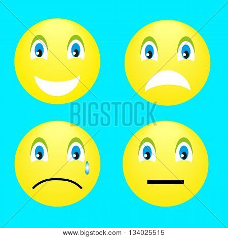 4 smiley: smile, anger, resentment, thinking on a turquoise background