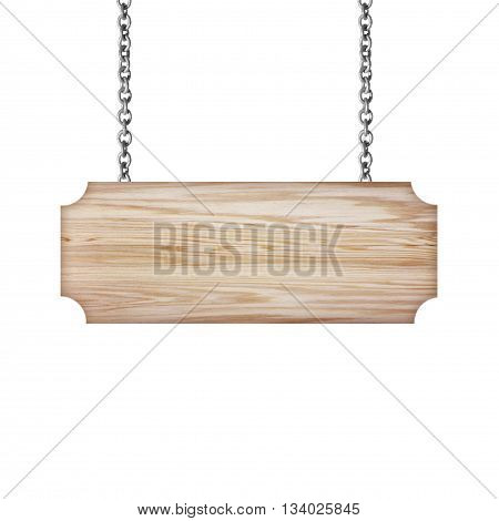 Wooden sign hanging on a chain isolated on white background